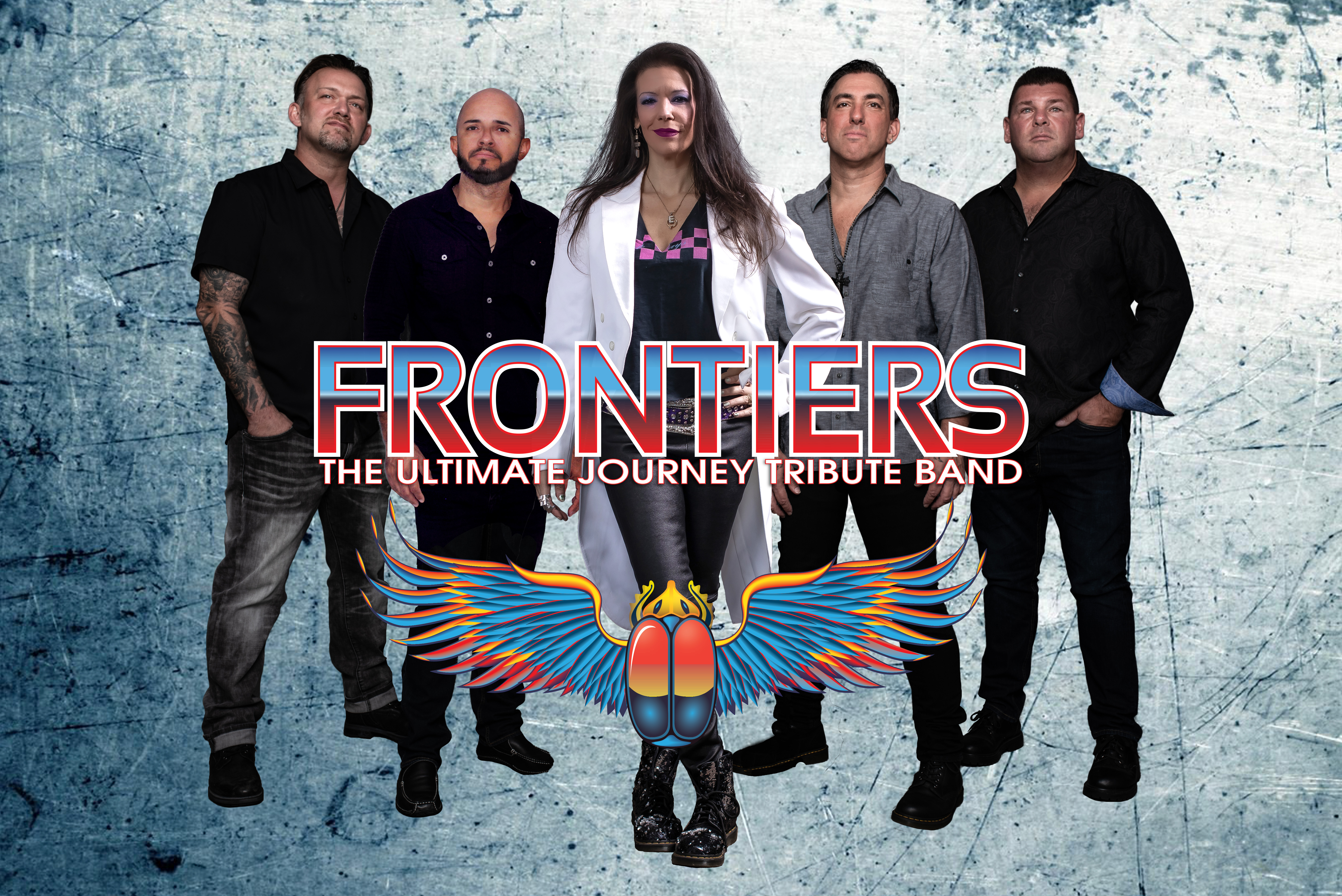 group of four men and one woman, logo text reads Frontiers