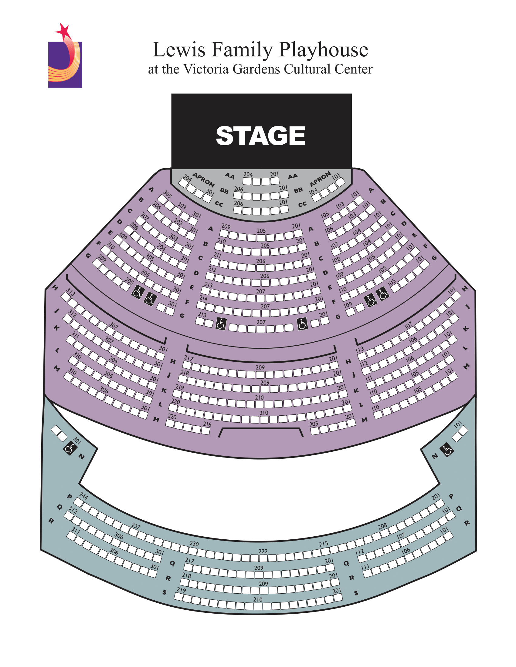 A map of all of the seats available in the Lewis Family Playhouse. 