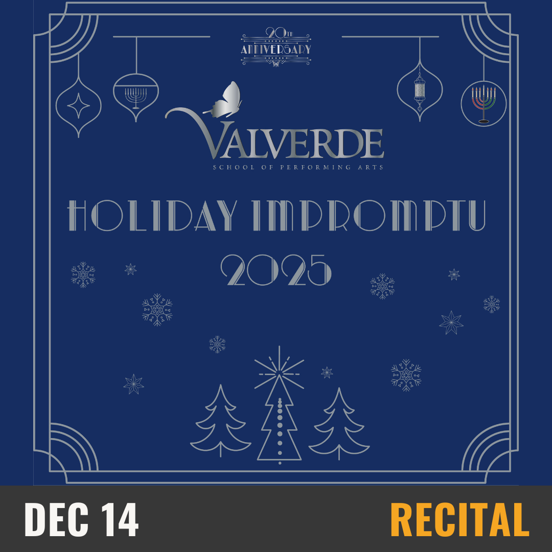 A blue background with delicate silver details framing the square image. silver etchings of christmas trees, ornaments and stars are visible. silver text reads Valverde Holiday Impromptu 2025