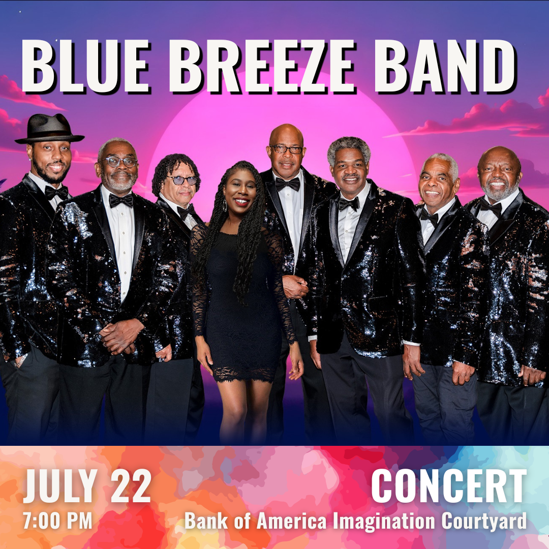 Promotional Image showing a group of individuals standing together in front of a vibrant background with a large pink sun and a blue‑purple sky. The individuals are dressed in coordinated formal attire featuring sequined jackets and bow ties, along with one individual wearing a dark lace-patterned outfit. At the top of the image, large white text reads “BLUE BREEZE BAND.” Along the bottom, over a multicolored watercolor-style band, white text reads “JULY 22 • 7:00 PM” on the left and “CONCERT • Bank of Amer