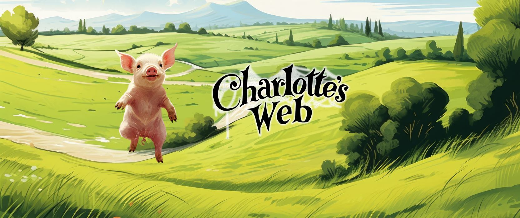 green rolling hills with a pink pig leaping in the air. text reads charlotte's web