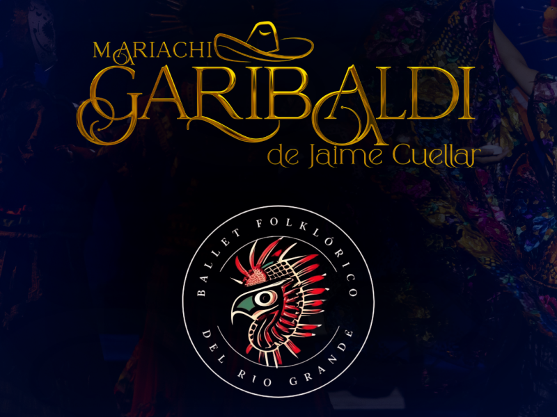 Logo-style graphic featuring ornate gold text reading “Mariachi Garibaldi de Jaime Cuéllar” on a dark background with colorful traditional dance costumes faintly visible. To the right is a circular emblem for Ballet Folklórico del Río Grande, featuring a stylized red, black, and white bird head inside a black circle with white lettering.