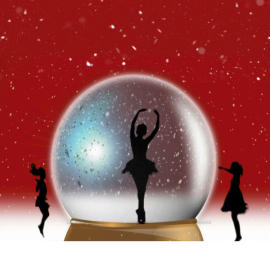 Silhouette of a ballerina dances inside of a snow globe. On each side are silhouettes of smaller girls facing the snow globe.