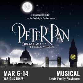 Promotional graphic for Peter Pan the Musical. Text reads: “Inland Pacific Ballet and the Candlelight Pavilion present Peter Pan the Timeless Broadway Musical.” Performance occurs March 6 through 14 at various times at the Lewis Family Playhouse. Image shows the London skyline in front of a starry night. Event labeled as musical. 