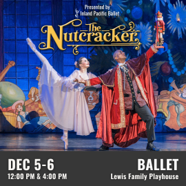 Promotional graphic for The Nutcracker. Text reads: “Presented by Inland Pacific Ballet. The Nutcracker.” Performance occurs December 5 through 6 at 12:00 PM & 4:00 PM at the Lewis Family Playhouse. Image shows: two performers onstage in Nutcracker-themed costumes, with one holding a nutcracker figure and a colorful illustrated backdrop behind them. Event labeled as Ballet.
